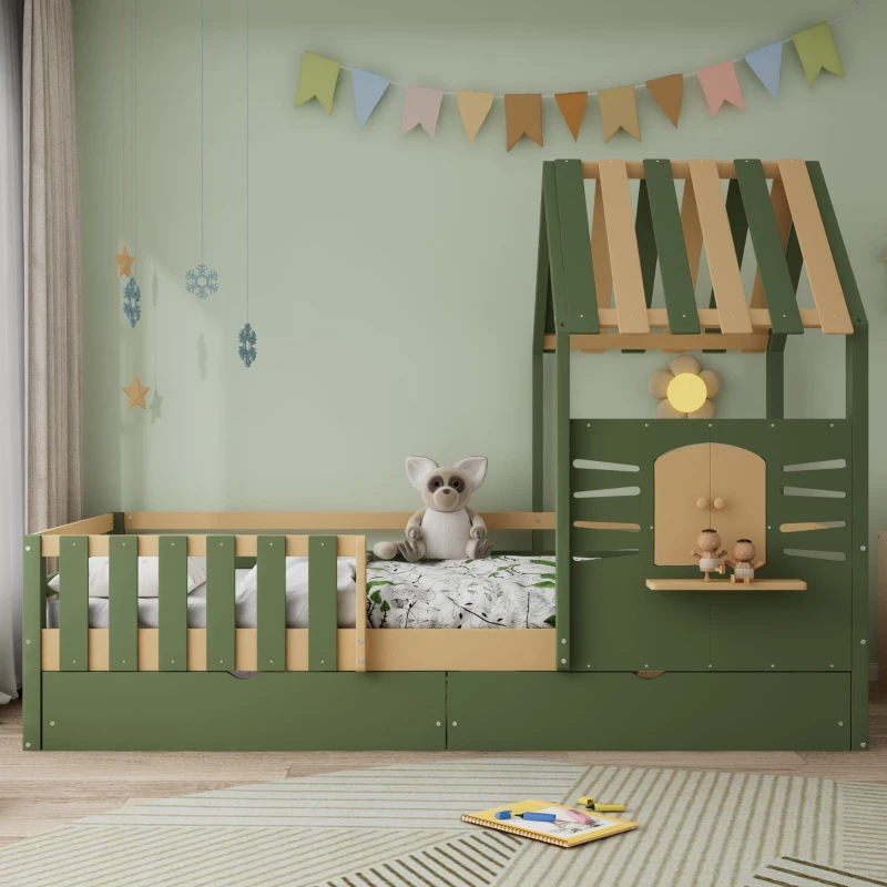 3ft Single Bed with 2 Storage Drawers, Safety Guardrail, Children's Wooden Bed with Faux Roof Design, 197.5L x 97W x 166H cm, Green+Natural