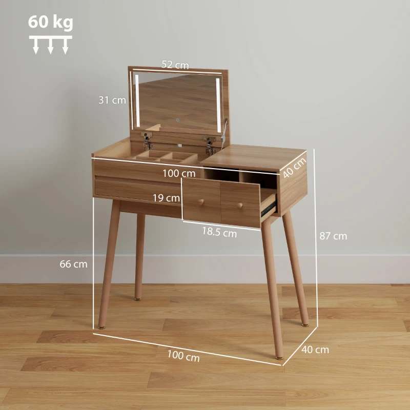 HOMCOM Tavolo da Trucco con Specchio a Luci LED e Spazio Contenitore in Legno, 100x40x87 cm