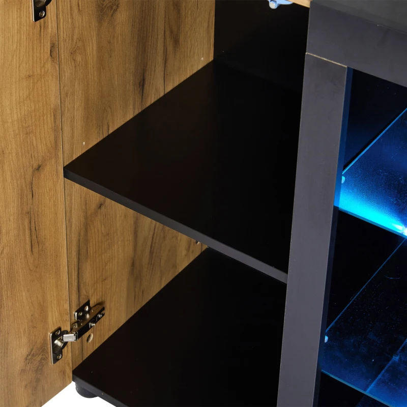 Modern Sideboard with 3 Drawers, LED Lighting, Storage Cabinet with Adjustable Glass Shelves, 140L x 40W x 80H cm, Black+Brown