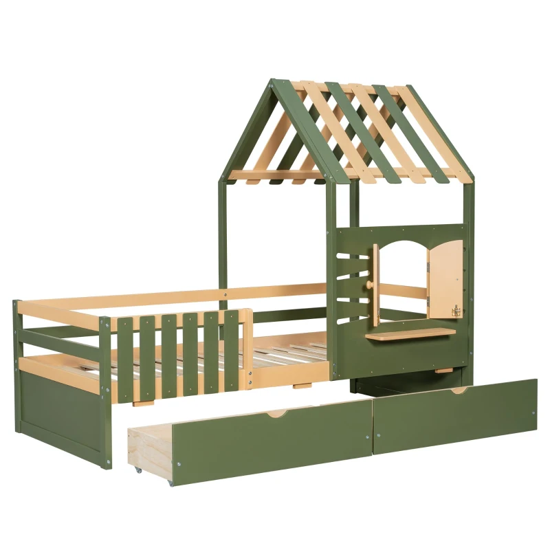 3ft Single Bed with 2 Storage Drawers, Safety Guardrail, Children's Wooden Bed with Faux Roof Design, 197.5L x 97W x 166H cm, Green+Natural