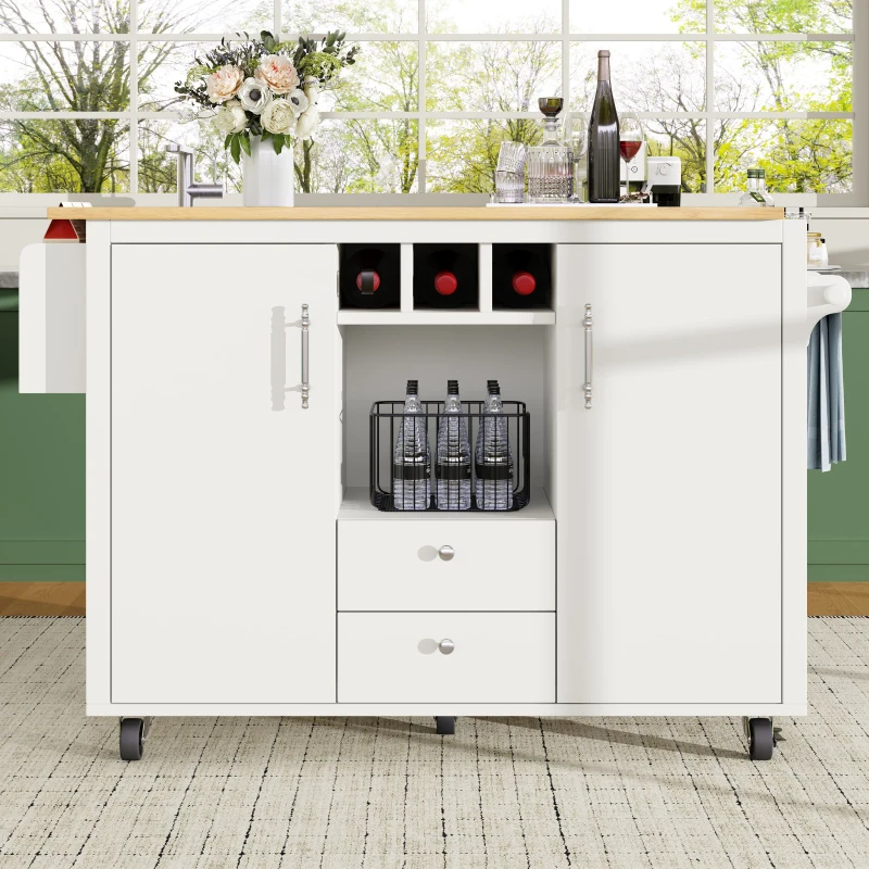Kitchen Island Trolley with Folding Worktop, Adjustable Shelves, Wine Rack, Utility Cart with Towel and Spice Racks, 138L x 73W x 92H cm, White