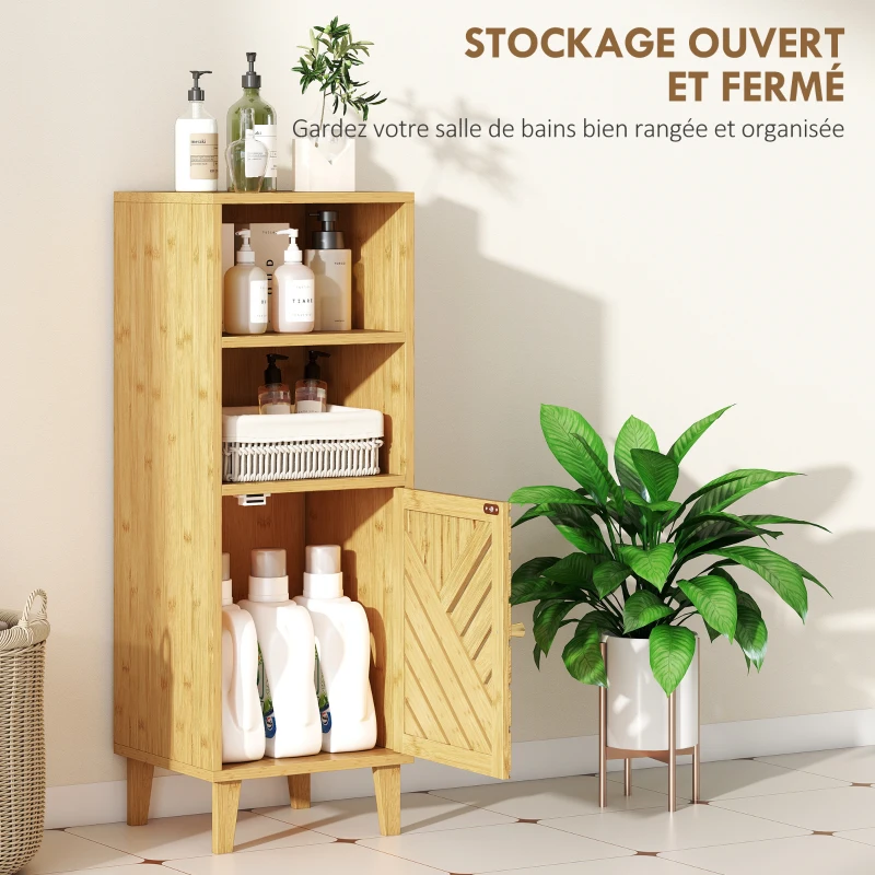 HOMCOM Meuble de salle de bain, meuble de rangement avec 1 placard, 2 compartiment ouvert, 32 x 30 x 90 cm, effet bois naturel