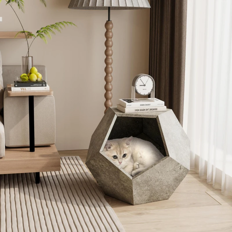 Niche pour chat polygonale avec veinure de bois, table d'appoint pour le canapé, 66x66x53 cm, Gris