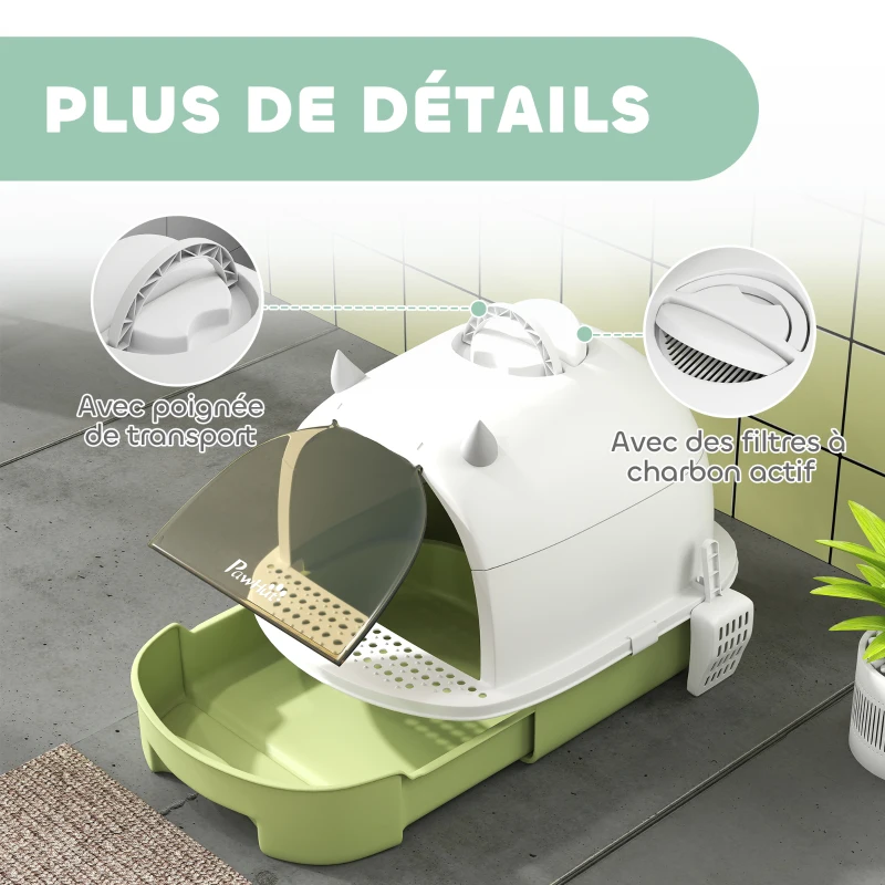 PawHut Maison de toilette pour chat bac à litière fermé chat poignée de transport porte translucide 40,5 x 52 x 39 cm vert