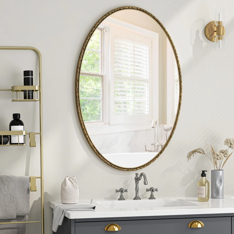 Miroir rétro ovale avec cadre en fer, mural pour salle de bain, salon, 65x3x100 cm, Or