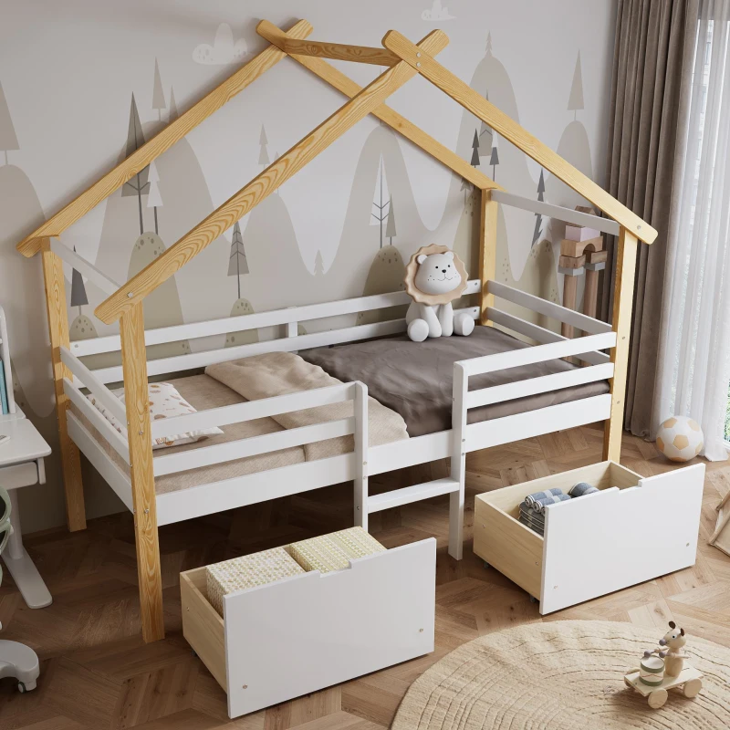 3ft Children's Bed with 2 Storage Drawers, Safety Guardrail, MDF and Pinewood Frame, Roof Design, 201.5L x 95W x 212H cm, White+Natural