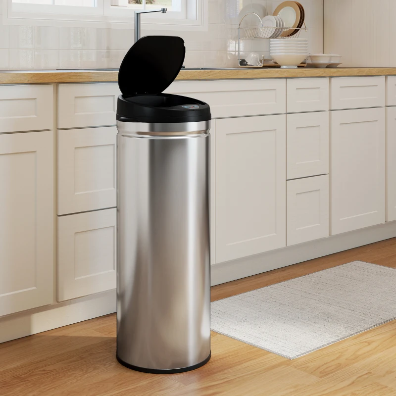 HOMCOM 50 Liter Sensor-Prullenbak met Soft-Close-Functie, contactloze Vuilnisbak van Roestvrij Staal voor hygiënische Keukens, Kantoren, Zilverkleurig