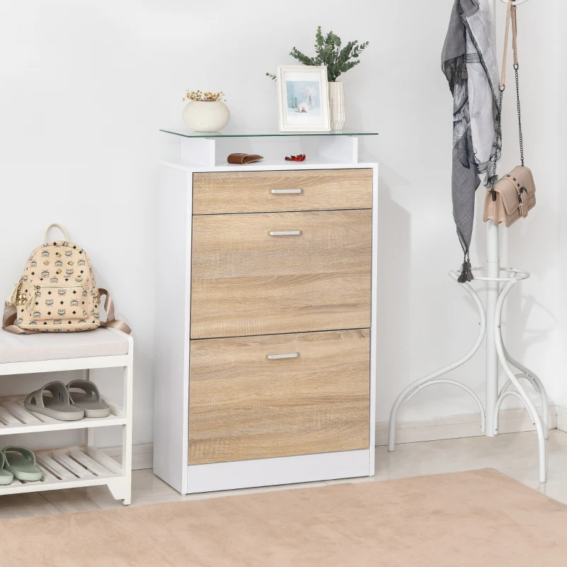 HOMCOM Armoire à Chaussures Meuble rangement Chaussures 2 Portes abattantes 2 Compartiments, tiroir, Plateau en Verre - Bois chêne Blanc