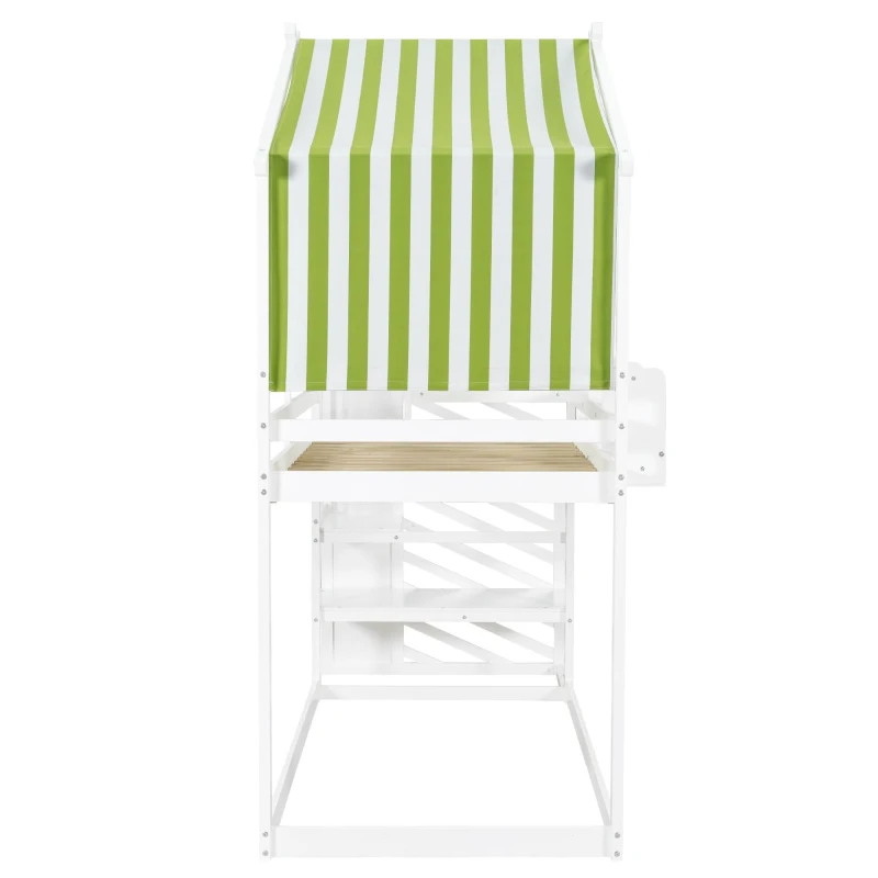 3ft Bunk Bed with Decorative Canopy, Corner Staircase, Picture Bookshelf, MDF and Pinewood Frame, 250L x 108W x 228.5H cm, White+Green