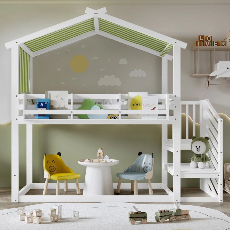 3ft Bunk Bed with Decorative Canopy, Corner Staircase, Picture Bookshelf, MDF and Pinewood Frame, 250L x 108W x 228.5H cm, White+Green