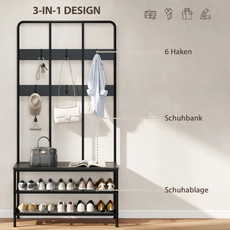 HOMCOM 3-in-1 Garderobenständer, Kleiderhaken, Sitzbank, Schuhregal, Metall, Spanplatte, Schwarz