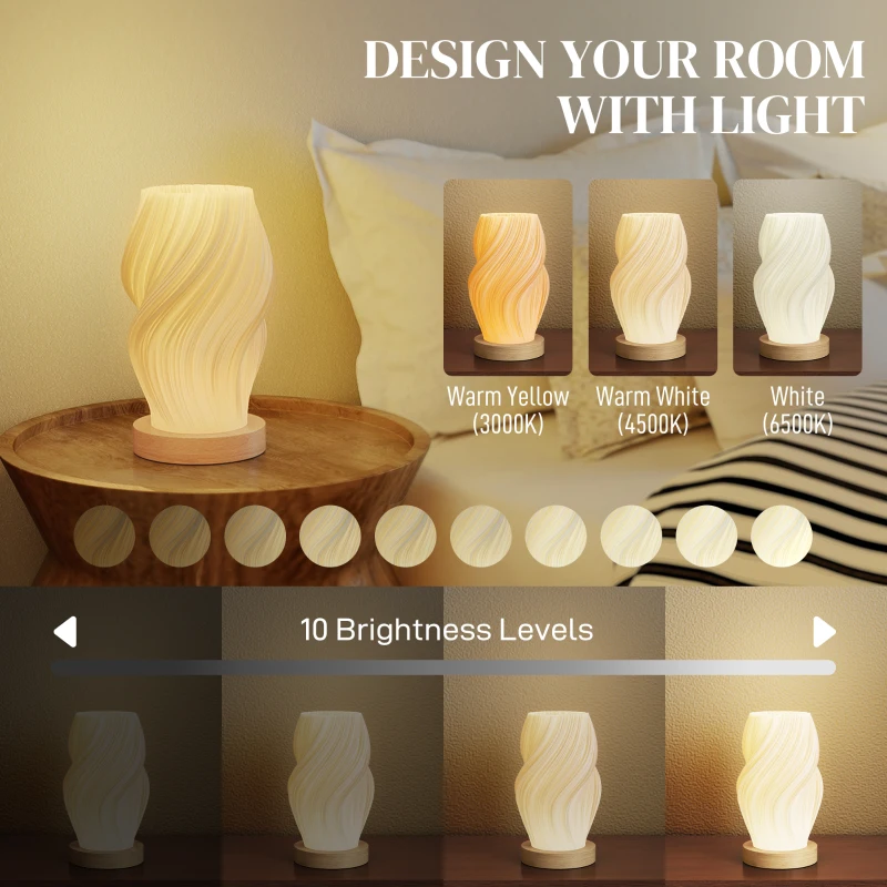 HOMCOM Lampă de Masă cu 3 Culori și 10 Trepte de Luminozitate, din ABS Alb și Lemn