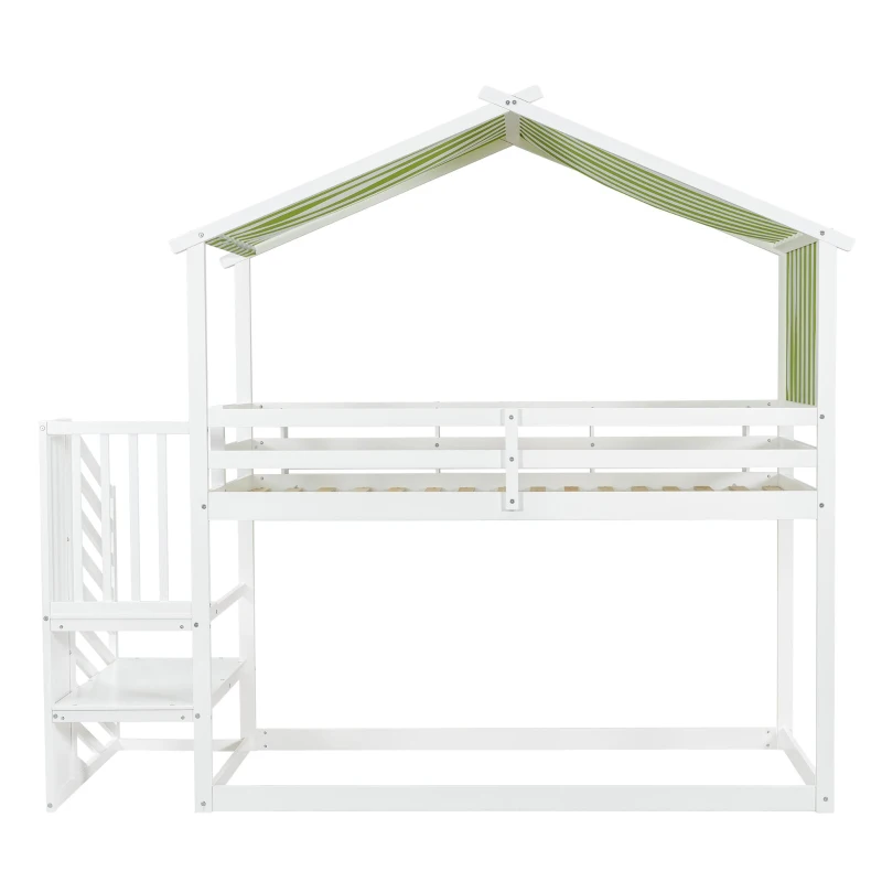3ft Bunk Bed with Decorative Canopy, Corner Staircase, Picture Bookshelf, MDF and Pinewood Frame, 250L x 108W x 228.5H cm, White+Green