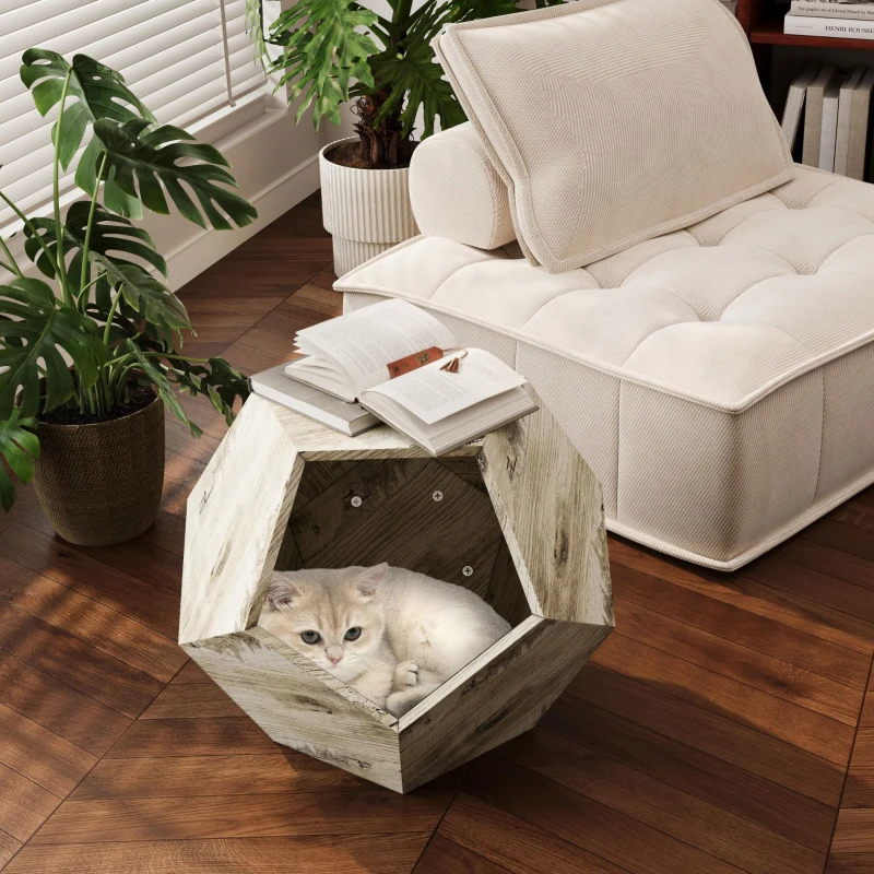 Niche pour chat polygonale avec veinure de bois, table d'appoint pour le canapé, 66x66x53 cm, Blanc chêne