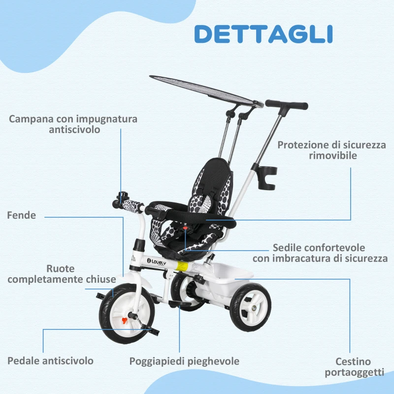 HOMCOM Triciclo per Bambini con Maniglione di Spinta, Tettuccio, Barra di Sicurezza e Box, 105x47x89 cm, Bianco e Nero