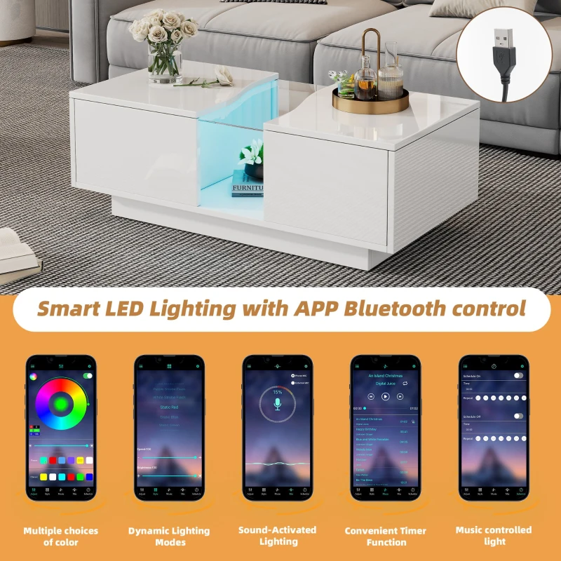 Modern Coffee Table with 2 Storage Drawers, High Gloss Finish, Customisable LED Lights, Ideal for Living Room, 100L x 50W x 35H cm, White