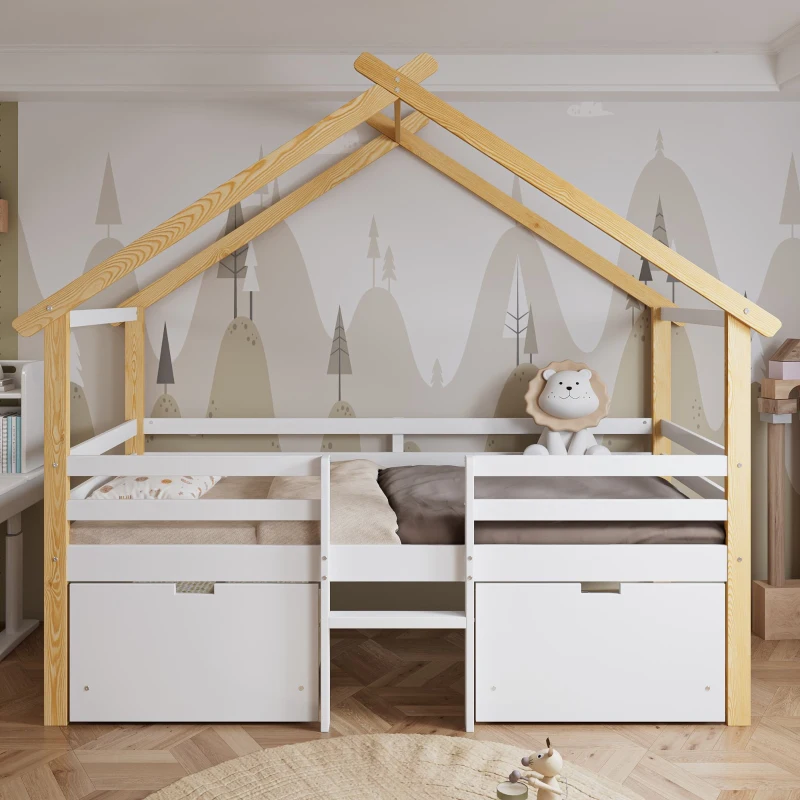 3ft Children's Bed with 2 Storage Drawers, Safety Guardrail, MDF and Pinewood Frame, Roof Design, 201.5L x 95W x 212H cm, White+Natural