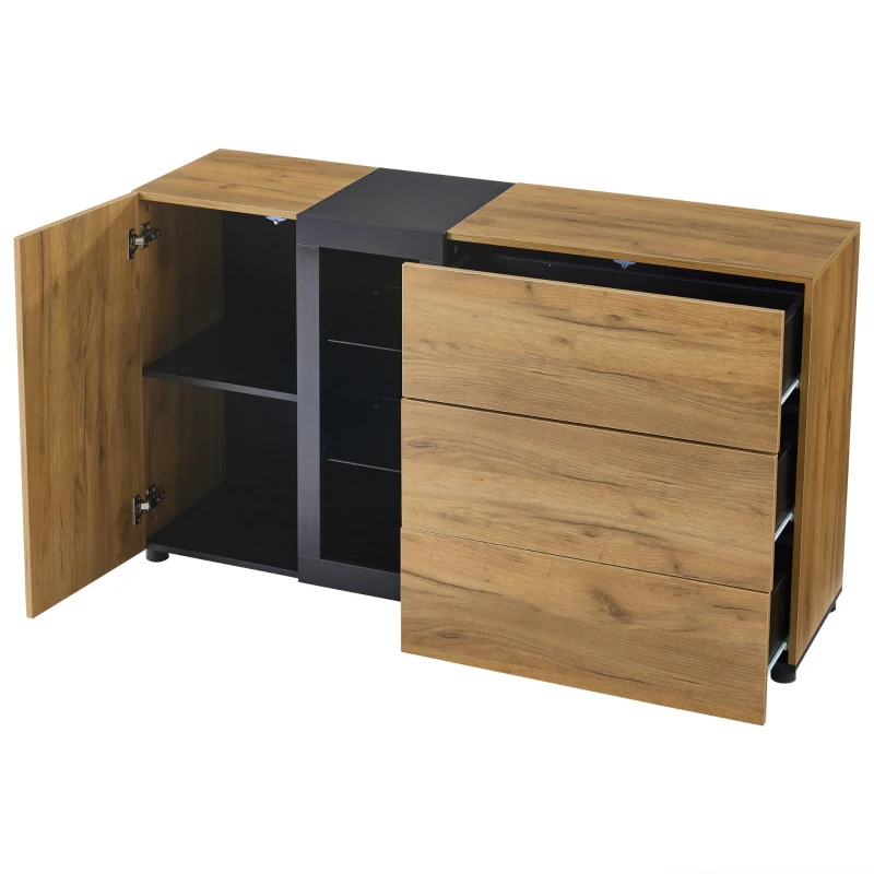 Modern Sideboard with 3 Drawers, LED Lighting, Storage Cabinet with Adjustable Glass Shelves, 140L x 40W x 80H cm, Black+Brown