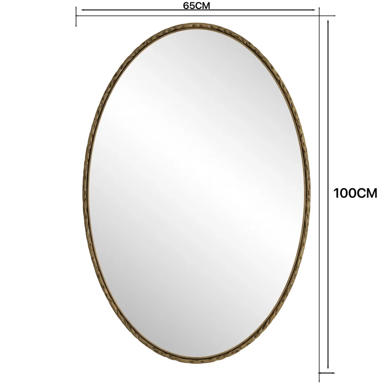 Specchio retro ovale con cornice in ferro, da parete per bagno, soggiorno, 65x3x100 cm, Oro
