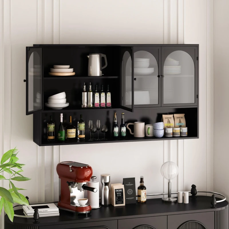 Armadietto a muro con quattro ante in vetro e ripiano, per cucina, soggiorno, bagno, 120x23x70 cm, Nero
