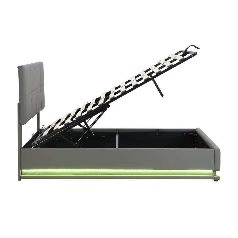 Ottoman Double Bed with PU Leather Finish, LED Lighting, Hydraulic Storage Bed with Adjustable Headboard, 193L x 142W x 111H cm, Grey