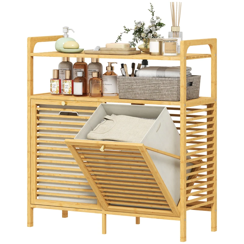HOMCOM Meuble salle de bain en bambou, armoire salle de bain avec 2 paniers à linge et 2 étagères, 82x33x88cm, bois naturel