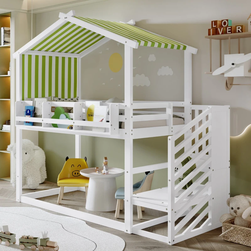 3ft Bunk Bed with Decorative Canopy, Corner Staircase, Picture Bookshelf, MDF and Pinewood Frame, 250L x 108W x 228.5H cm, White+Green