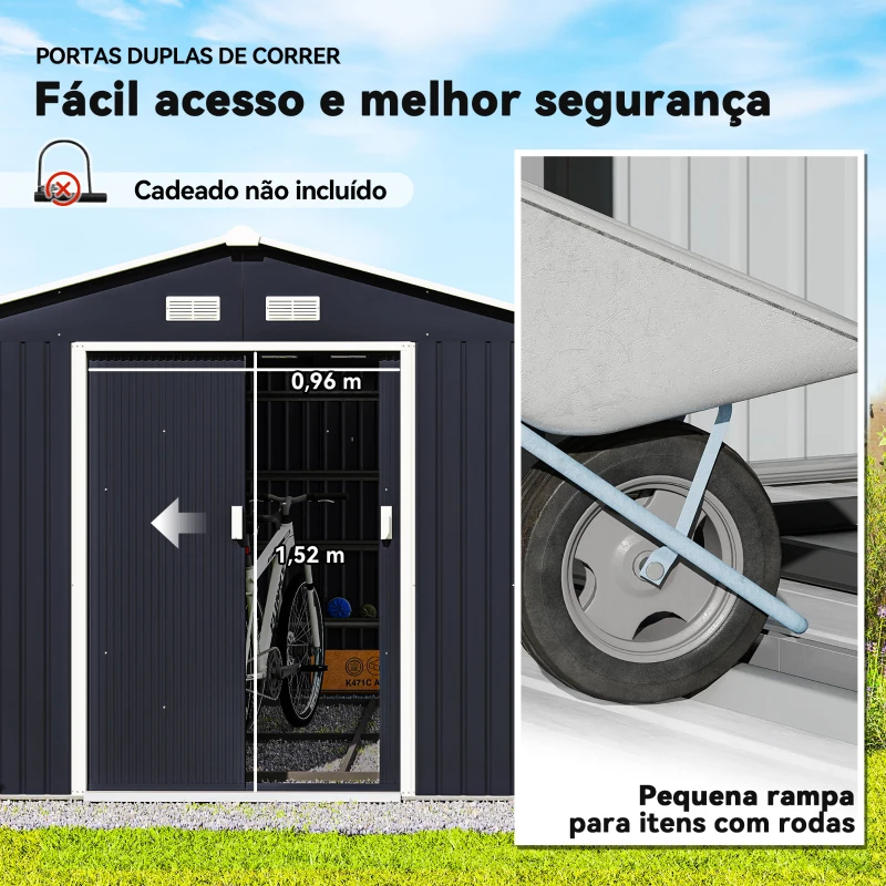 Outsunny Abrigo de Jardim Metálico para Armazenamento de Ferramentas com Base de Reforço Incluída e 4 Janelas 277x322x192 cm Cinza Escuro