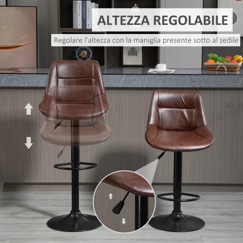 HOMCOM Set 2 Sgabelli da Bar Vintage in Finta Pelle Marrone con Poggiapiedi e Base Rotonda, 46.5x50x88-108 cm