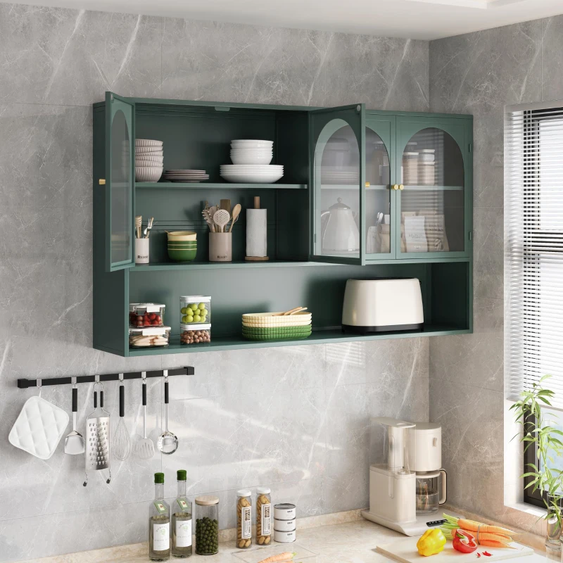 Armoire murale avec quatre portes en verre et étagère, pour cuisine, salon, salle de bain, 120x23x70 cm, Vert foncé