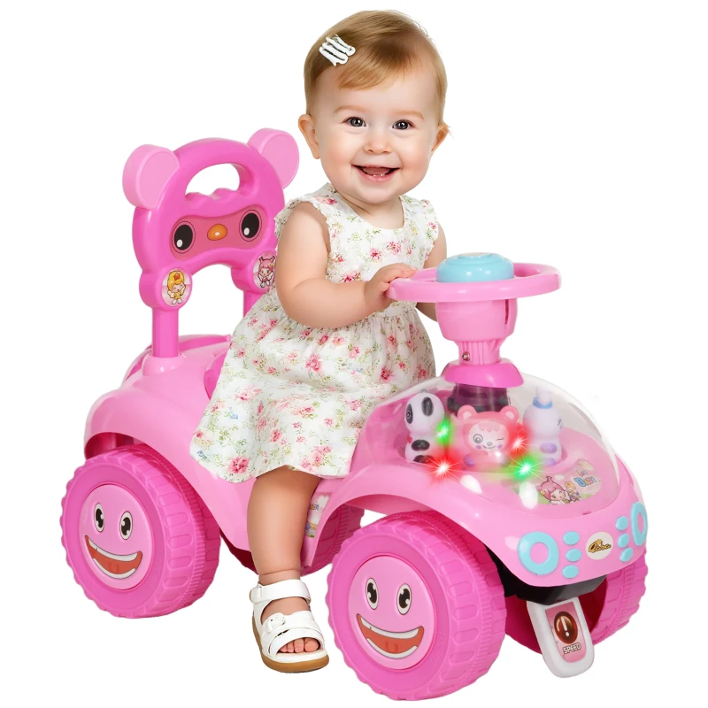 AIYAPLAY Foot to Floor oddler Ride on Toy w/ Music, Light, Horn, Under Seat Storage, Anti-Over-Backwards Device, Pink