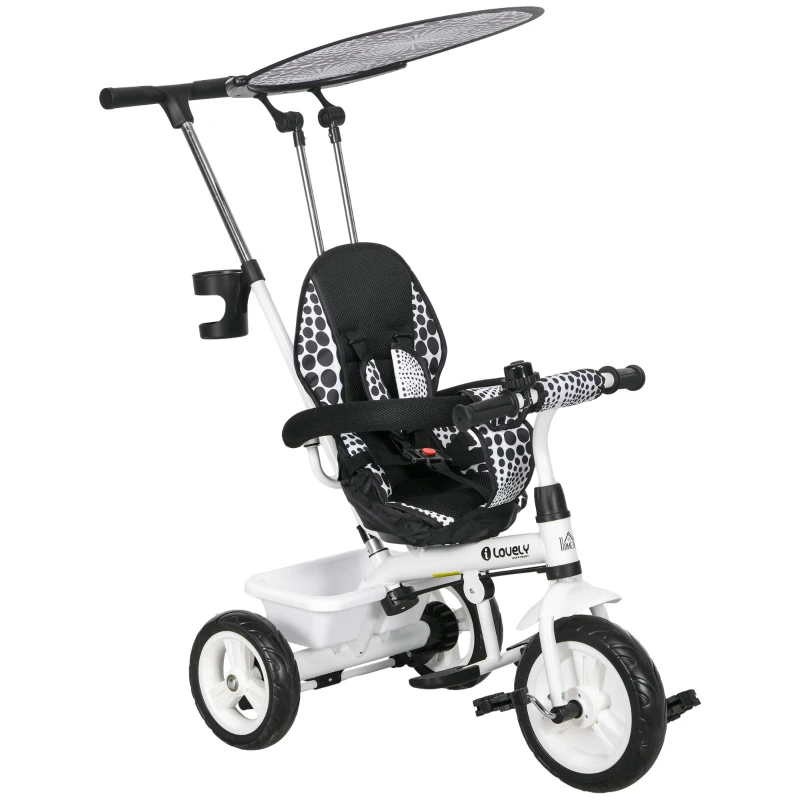 HOMCOM Triciclo per Bambini con Maniglione di Spinta, Tettuccio, Barra di Sicurezza e Box, 105x47x89 cm, Bianco e Nero