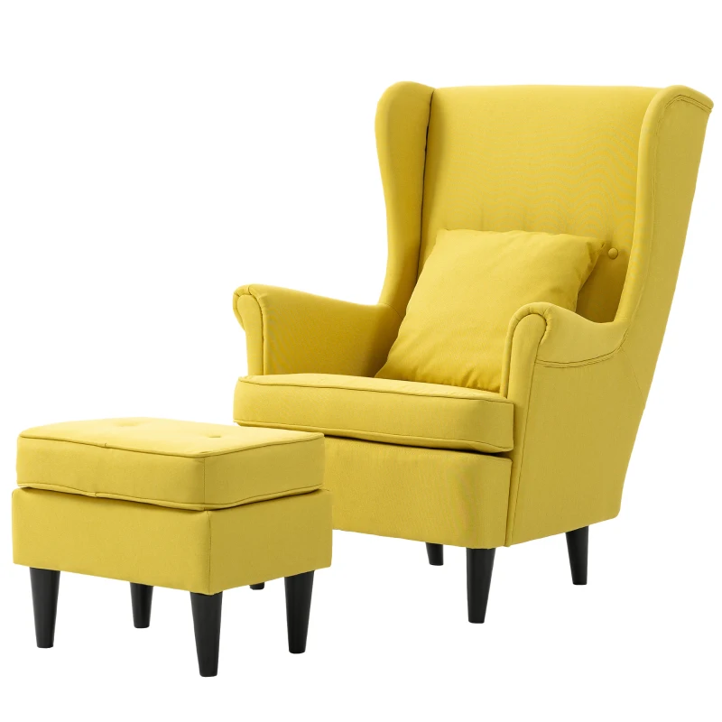 HOMCOM Poltrona con Poggiapiedi in Stile Contemporaneo, in Tessuto Effetto Lino e Legno di Caucciù, 75x83x104 cm, Giallo