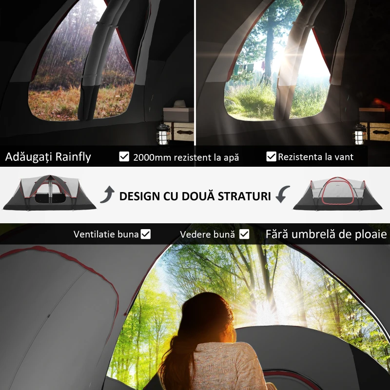 Outsunny Cort de Camping pentru 6-8 Persoane cu 2 Camere Separate și Uși cu Fermoar, 450x215x180 cm, Gri