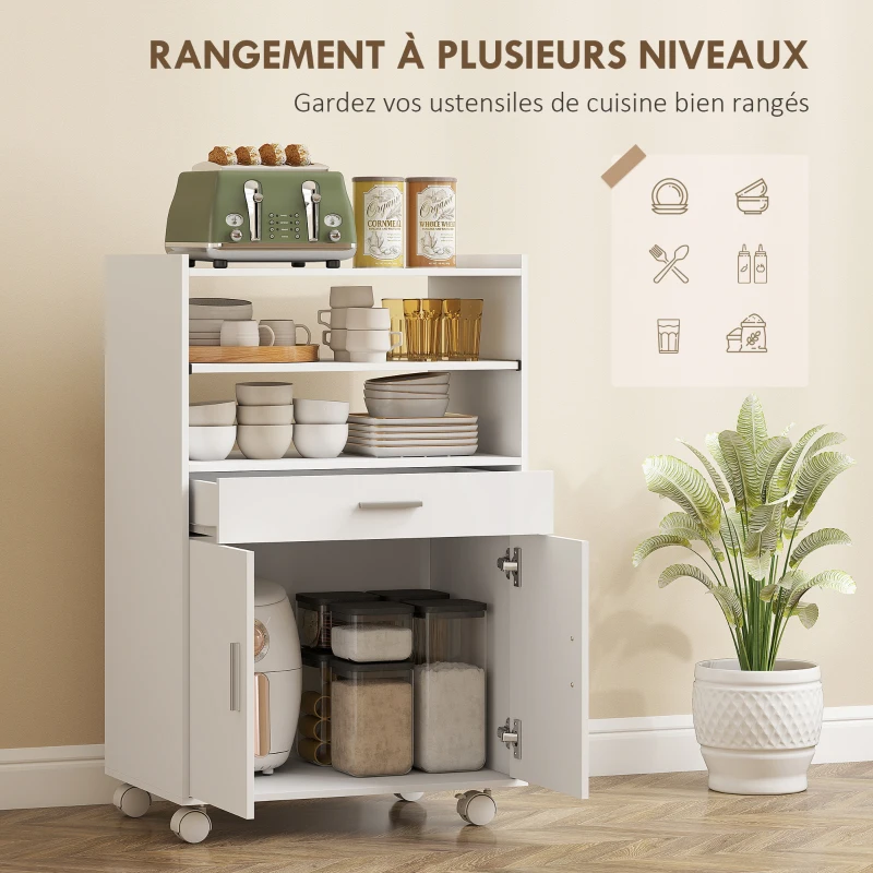 HOMCOM Chariot de cuisine sur roulettes, desserte micro-onde à roulettes avec placard tiroir étagères, 59 x 40 x 92 cm, blanc