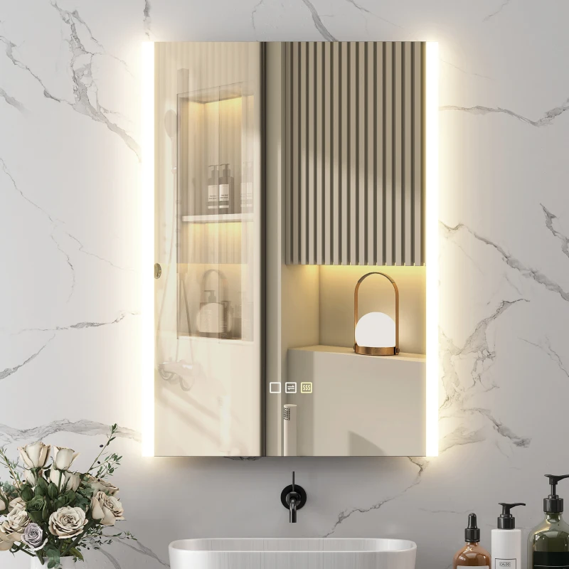 HOMCOM Espejo de Baño con Luz LED 70x50 cm con 3 Colores de Luz Función Antivaho Función de Memoria IP44 Horizontal/Vertical