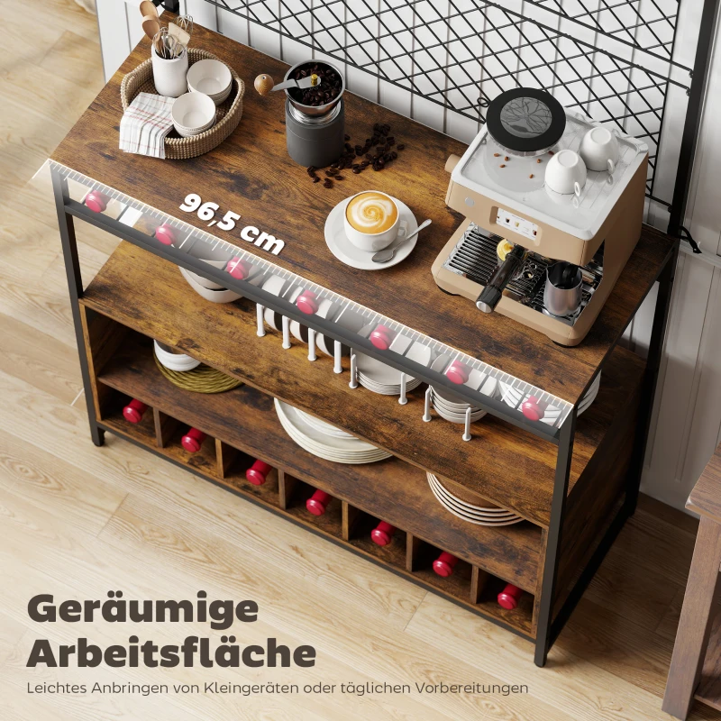 HOMCOM Küchenregal mit Arbeitsfläche, Metallgitterpaneele, 5 Haken, Küchenschrank für Gewürze, Töpfe, Pfannen, Braun(m-4)