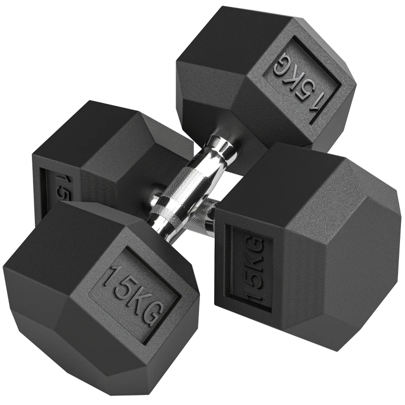 HOMCOM Set de 2 Mancuernas Hexagonales de 2 x 15 kg de Hierro Fundido Recubiertas en Goma para Entrenamiento en Casa Gimnasio