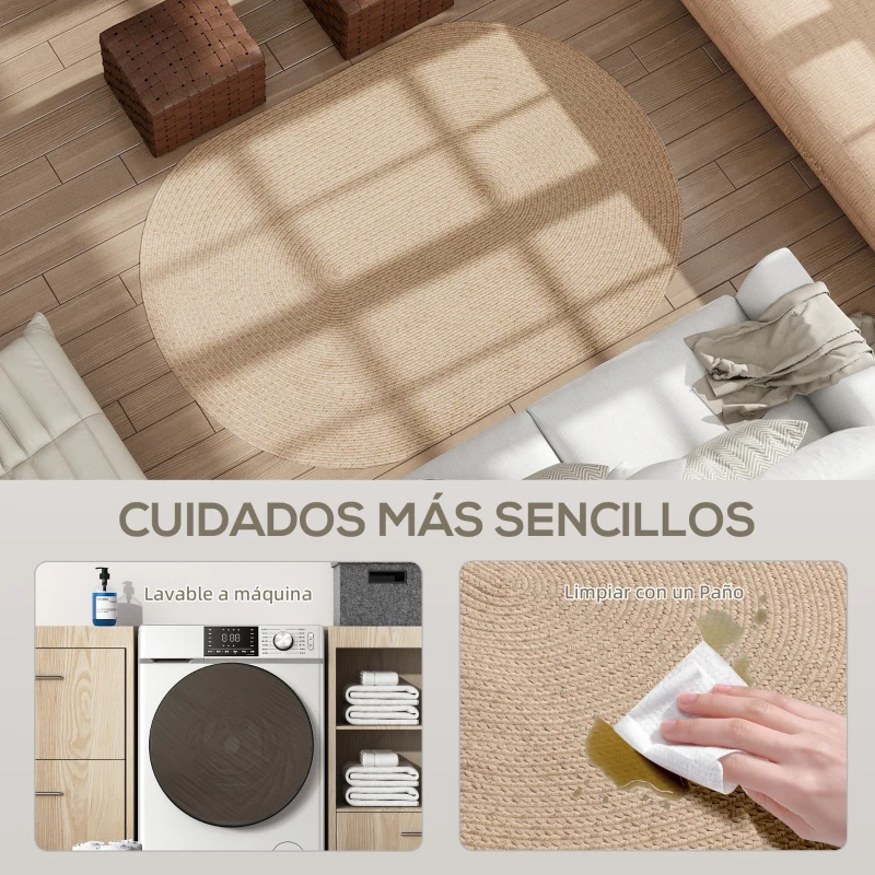 HOMCOM Alfombra Salón 170x120 cm Lavable en Lavadora Tejido a Mano Estilo Rústico Tapete para Sala de Estar Dormitorio Beige