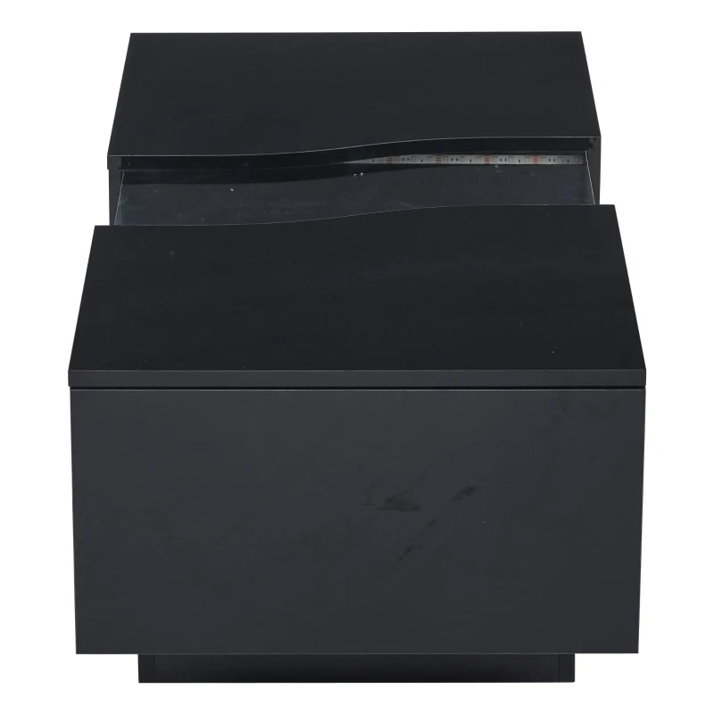 Modern High Gloss Coffee Table with 2 Storage Drawers, Unique Shape Centre Table with Customisable LED Lights, 100L x 50W x 35H cm, Black