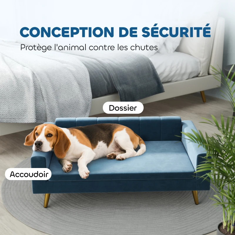 PawHut Canapé chien lit pour chien design scandinave coussin moelleux pieds métal doré 94 x 59,5 x 31,5 cm velours soyeux bleu