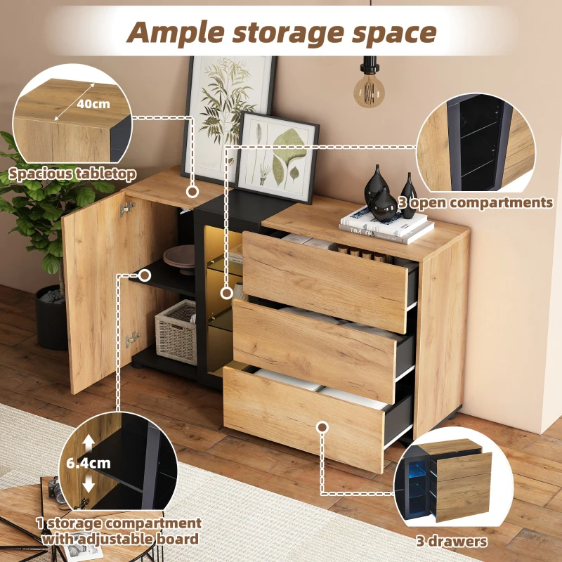 Modern Sideboard with 3 Drawers, LED Lighting, Storage Cabinet with Adjustable Glass Shelves, 140L x 40W x 80H cm, Black+Brown