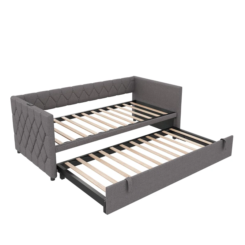 Upholstered Daybed with USB and Type-C Ports, Button-Tufted Pull-out Trundle Bed for Bedroom, Study Room, 206L x 193W x 71H cm, Grey