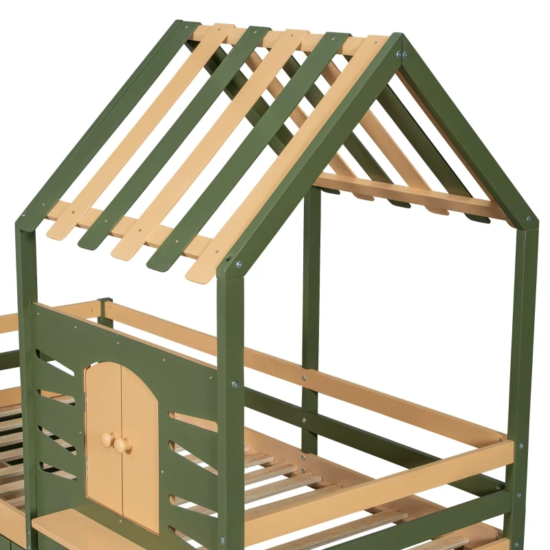 3ft Single Bed with 2 Storage Drawers, Safety Guardrail, Children's Wooden Bed with Faux Roof Design, 197.5L x 97W x 166H cm, Green+Natural