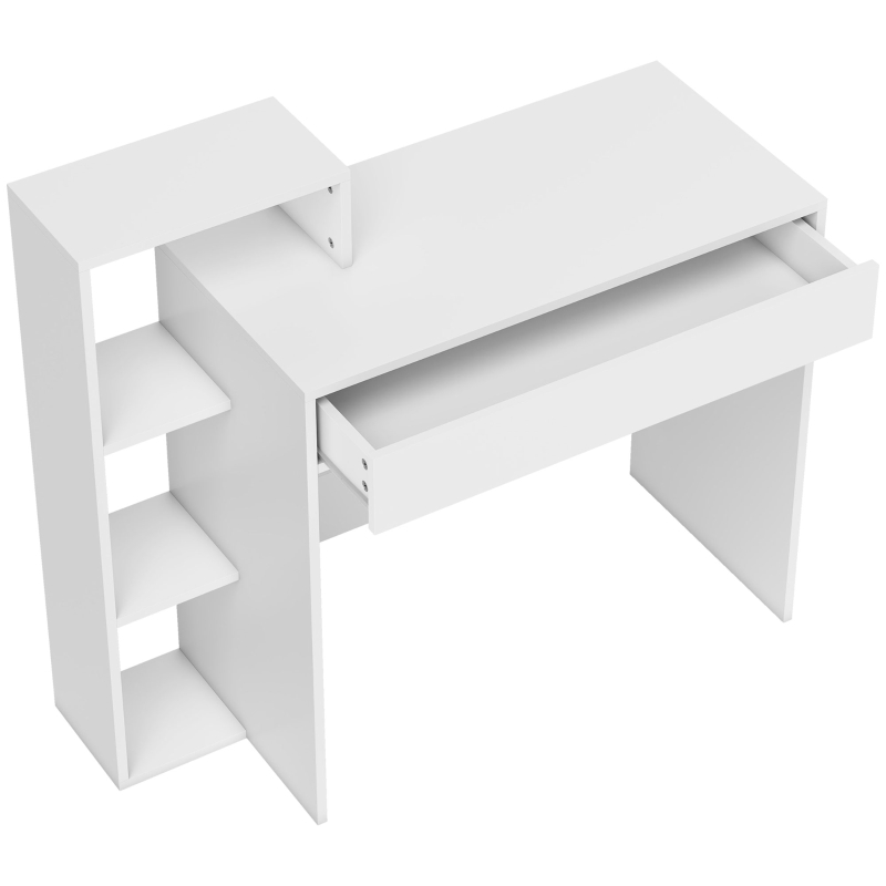 HOMCOM Escritorio PC Moderno con 3 Estantes Abiertos y Cajón, en Madera Blanca, 100x40x90 cm