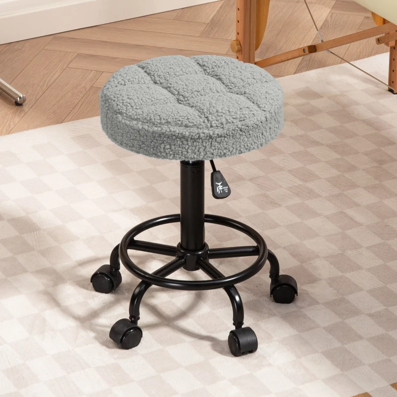 HOMCOM Taburete Giratorio Redondo Taburete con Ruedas Altura Regulable 50-66 cm Asiento Tapizado en Tejido de Borreguito Gris
