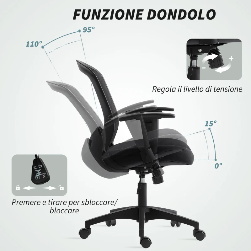 HOMCOM Sedia da Ufficio Traspirante e Reclinabile ad Altezza Regolabile, in Tessuto a Rete, 65x59x92.5-102.5 cm, Nero
