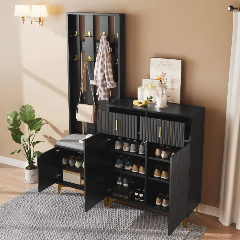 Modern Wardrobe Set with Shoe Bench and Cushion, Gold Hooks, Wavy Texture, Elegant Shoe Cabinet with Drawers and Doors, Black