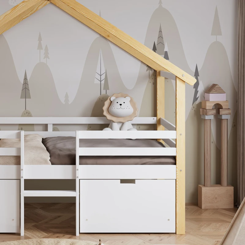3ft Children's Bed with 2 Storage Drawers, Safety Guardrail, MDF and Pinewood Frame, Roof Design, 201.5L x 95W x 212H cm, White+Natural