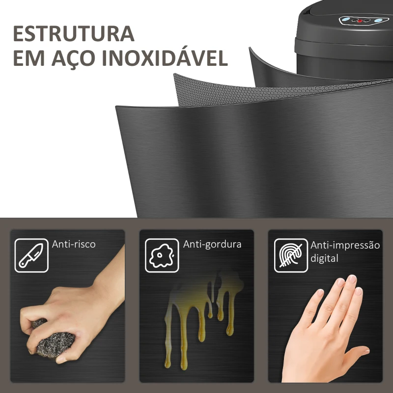 HOMCOM Balde de Lixo de Cozinha Automático 30 L em Aço Inoxidável Sensor Infravermelhos Fecho Automático 32x30,5x51 cm Preto